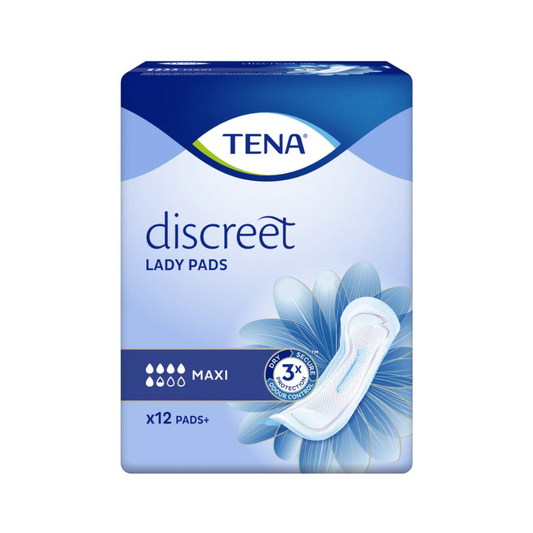 Das Bild zeigt eine Packung TENA Lady Discreet Maxi Inkontinenzeinlage von TENA – Essity Deutschland GmbH, konzipiert für Blasenschwäche. Die Verpackung zeigt ein blaues Blumendesign und betont „3x Schutz“, enthält 12 Stück, wie unten links angegeben.
