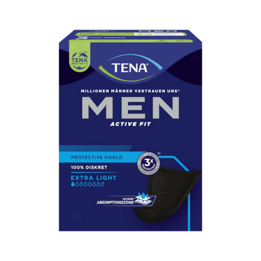 Eine blaue Schachtel TENA Men Active Protective Shield Extra Light Inkontinenzeinlage (14 Stück) von TENA – Essity Germany GmbH mit den Aufschriften „100 % diskret“, „extra leicht“ und „3x Schutz“ auf Deutsch sowie Produktbranding und -bildern.