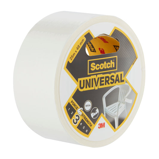 Scotch® Universal Klebeband 2904 von 3M Deutschland GmbH, 25 m x 48 mm, mit einem weiß-gelben Etikett mit Scotch- und 3M-Logo sowie der Abbildung eines weißen Kunststoffstuhls.
