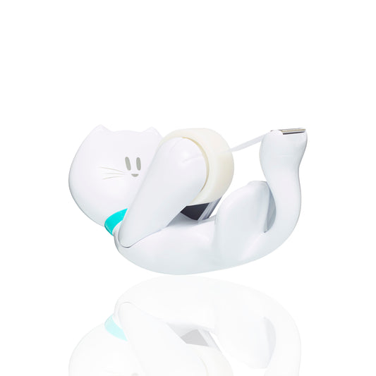 Der Scotch™ Tischabroller im Katzen Design C39 von 3M Deutschland GmbH ist ein weißer, katzenförmiger Klebebandabroller mit türkisfarbenem Halsband und Scotch® Magic™ unsichtbarem Klebeband (19 mm x 8,89 m) - 1 Rolle/Packung.