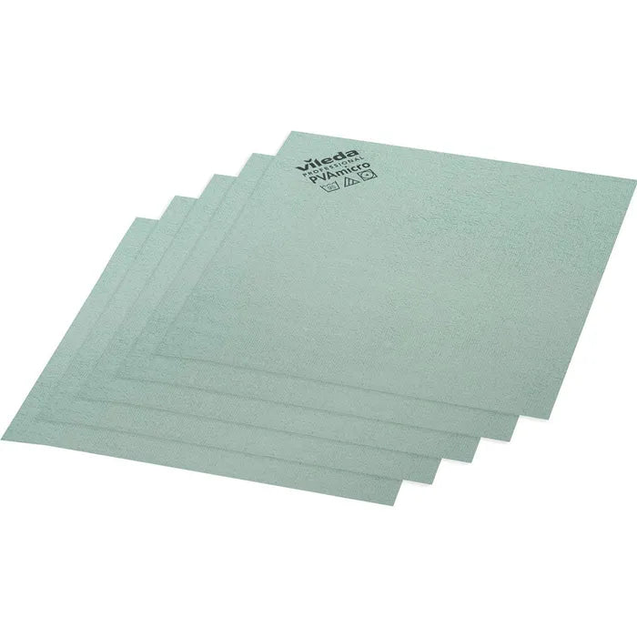 Five green cleaning cloths from the Vileda Professional PVAmicro line are stacked on top of each other, with “Vileda PVAmicro” visible on the top cloth. These square cloths from Vileda GmbH are made of microfibers and feature a microfiber material.