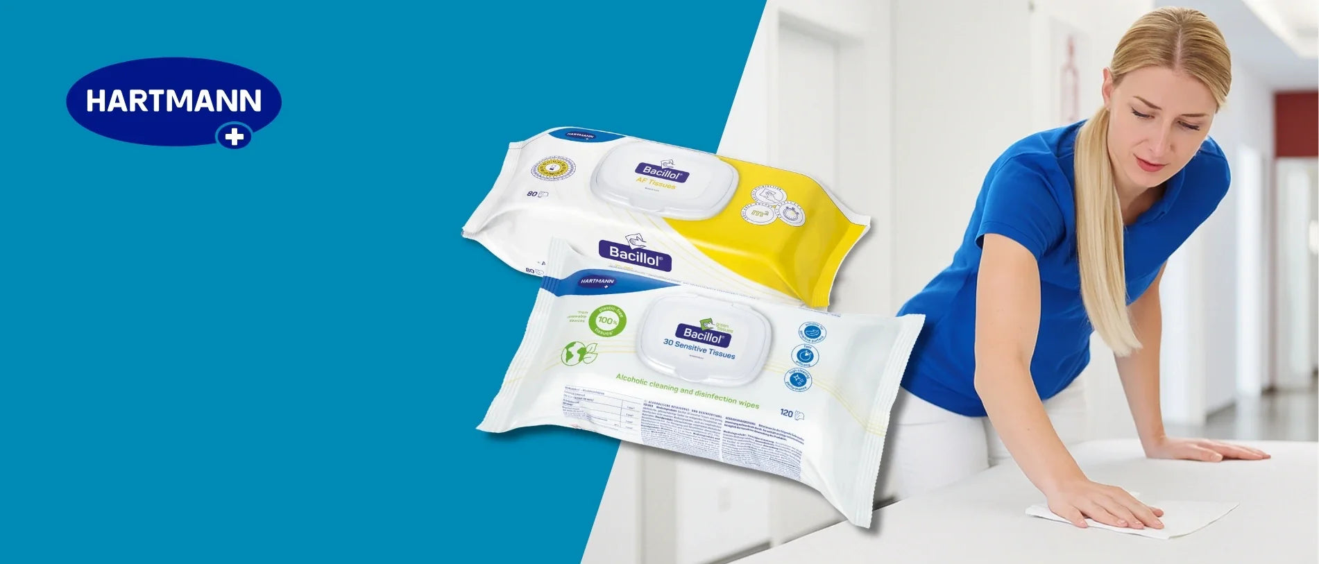 Packung mit Bacillo-Sensitiv-Tüchern in einem weißen Kunststoffbeutel mit Klappdeckel. Desinfektionsmittel „30 Sensitiv-Tücher“, „alkoholfrei“ und dermatologisch getestet, geeignet für empfindliche Haut.