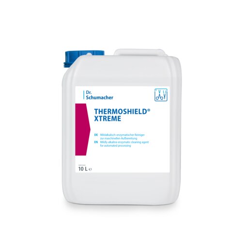 Ein weißer 10-Liter-Kunststoffbehälter mit blauem Deckel und der Aufschrift "Dr. Schumacher THERMOSHIELD® XTREME" (von Dr. Schumacher GmbH), mit deutschen Produktinformationen und einem Symbol für die automatische Verarbeitung - ideal für die industrielle Oberflächenbeschichtung und den Oberflächenschutz.