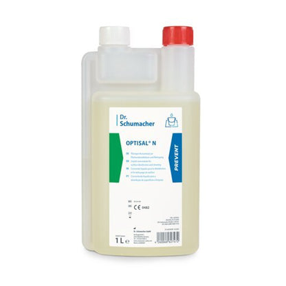 1-liter bottle of Dr. Schumacher OPTISAL® N disinfectant with a red cap and measuring chamber. The label has multilingual information and a blue PREVENT stripe, ideal for the gentle cleaning of medical products. Brand: Dr. Schumacher GmbH.