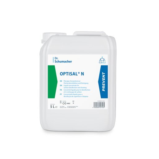 A white 5L plastic container labeled "Dr. Schumacher OPTISAL® N" by Dr. Schumacher GmbH, developed for the gentle cleaning and disinfection of medical products. The label is multilingual and has a blue "PREVENT" stripe on the right side.