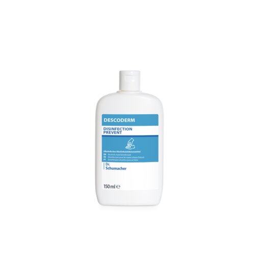 A white 150-ml bottle of Dr. Schumacher Descoderm Industrial Hand Disinfection by Dr. Schumacher GmbH with a blue-white label stands upright on a plain white background.