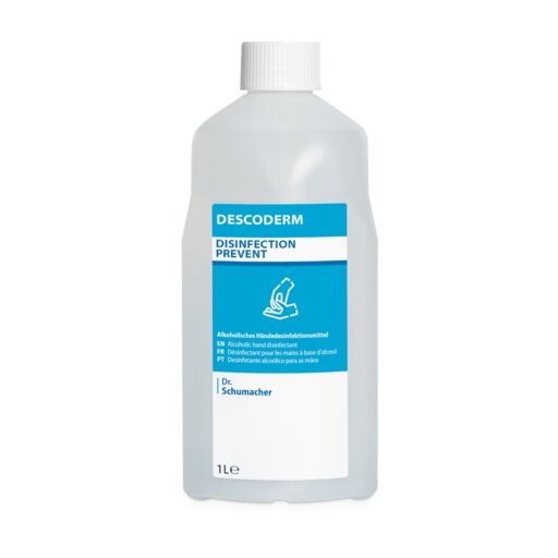 A 1-liter plastic bottle labeled "Dr. Schumacher Descoderm Industrial Hand Disinfection" by Dr. Schumacher GmbH, with a blue-white label, fragrance-free, alcoholic disinfectant for hand disinfection.