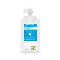 Transparent 700-ml refill pouch from Dr. Schumacher ASEPTOMAN® MED by Dr. Schumacher GmbH, featuring a white cap and a blue-and-white label indicating that it contains an alcohol-based hand sanitizer for medical use.