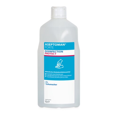Eine 1-Liter-Klarsichtflasche Dr. Schumacher Aseptoman® forte Händedesinfektionsmittel der Dr. Schumacher GmbH, ein alkoholisches, viruzides und hautfreundliches Händedesinfektionsmittel mit blau-rotem Etikett mit Sicherheitssymbolen.
