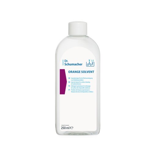 A 250-ml clear plastic bottle with a white cap and blue lettering reading "Dr. Schumacher ORANGE SOLVENT Instrument Cleaner" from Dr. Schumacher GmbH is ideal for cleaning medical devices (orange oil cleaner).