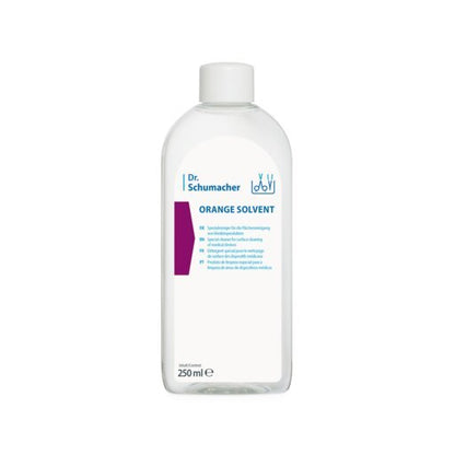 A 250-ml clear plastic bottle with a white cap and blue lettering reading "Dr. Schumacher ORANGE SOLVENT Instrument Cleaner" from Dr. Schumacher GmbH is ideal for cleaning medical devices (orange oil cleaner).
