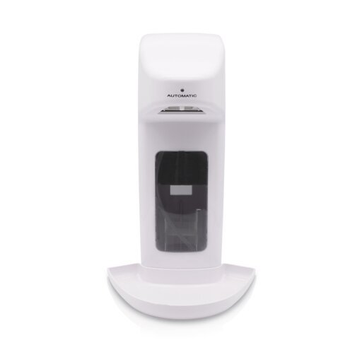 The Dr. Schumacher Wall Dispenser SPE Touchless by Dr. Schumacher GmbH is a white, touchless wall dispenser for soap or disinfectant with a viewing window for the liquid level, mounted on a rectangular base and depicted on a simple white background.