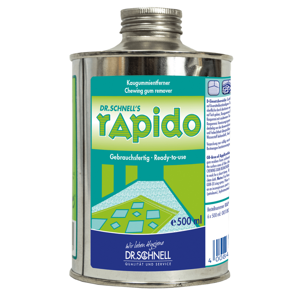 Eine 500 ml Metalldose Dr. Schnell Kaugummientferner, gebrauchsfertig, von DR.SCHNELL GmbH & Co. KGaA, für Textilien und Böden; mit grün/blauem Design und zweisprachiger Aufschrift (DE/EN).