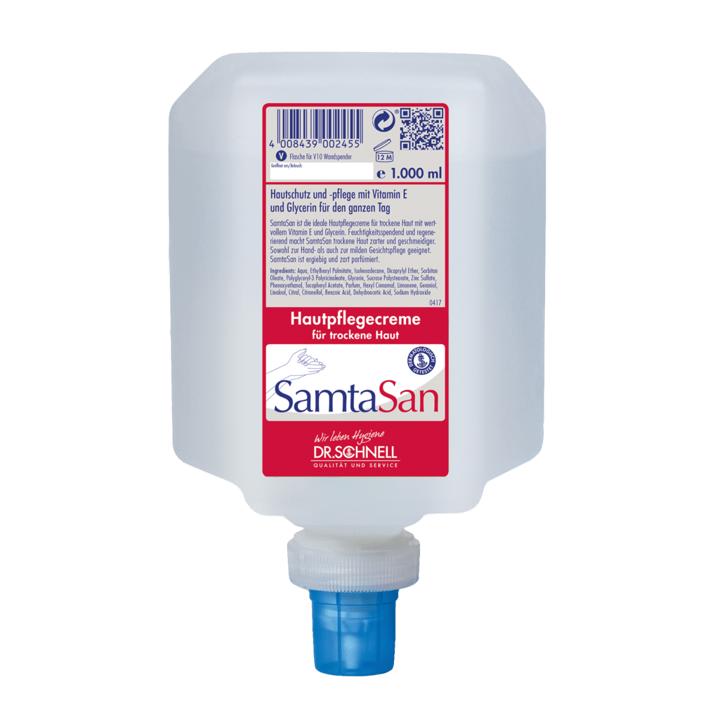 Die 1.000 ml Dr. Schnell SAMTASAN Spenderflaschen von DR.SCHNELL GmbH & Co. KGaA verfügt über ein rot-weißes deutsches Etikett, eine blaue Düse und ist ideal für die professionelle Reinigung und den Einsatz mit Reinigungswerkzeugen.