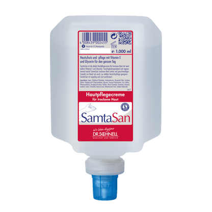 Die 1.000 ml Dr. Schnell SAMTASAN Spenderflaschen von DR.SCHNELL GmbH & Co. KGaA verfügt über ein rot-weißes deutsches Etikett, eine blaue Düse und ist ideal für die professionelle Reinigung und den Einsatz mit Reinigungswerkzeugen.