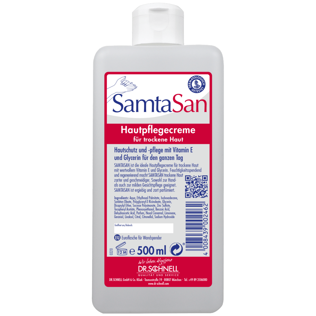 Die 500 ml DR.SCHNELL GmbH & Co. KGaA Dr. Schnell SAMTASAN Spenderflaschen ist eine weiße Pflegecreme für trockene Haut, mit Flip-Top-Verschluss und deutschem Etikett, ideal für die professionelle Reinigung und die Verwendung mit Reinigungsgeräten.