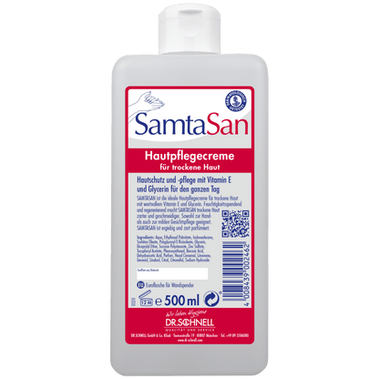 Die 500 ml DR.SCHNELL GmbH & Co. KGaA Dr. Schnell SAMTASAN Spenderflaschen ist eine weiße Pflegecreme für trockene Haut, mit Flip-Top-Verschluss und deutschem Etikett, ideal für die professionelle Reinigung und die Verwendung mit Reinigungsgeräten.