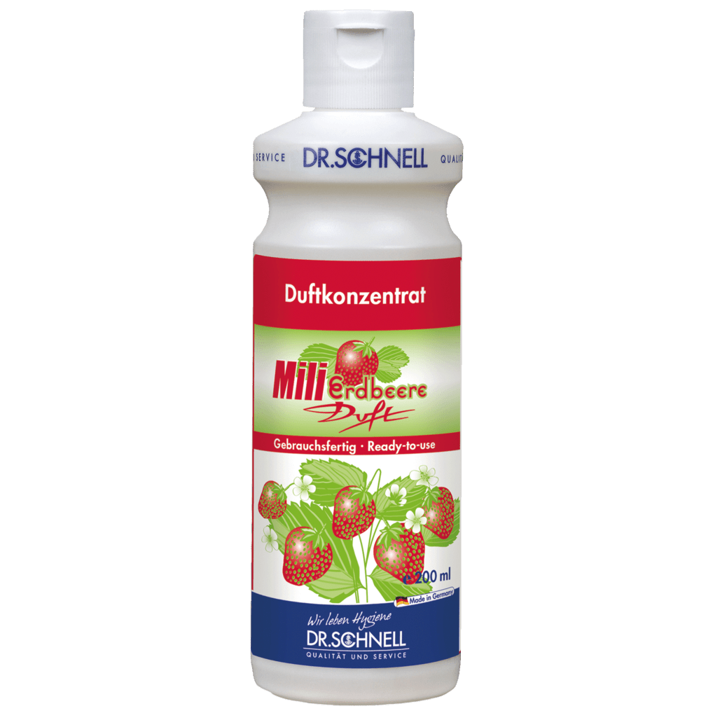 Dr. Schnell MILI Strawberry Fragrance Concentrate (200 ml) by DR.SCHNELL GmbH & Co. KGaA is a highly concentrated fragrance for room freshness, offering effective odor neutralization with a pleasant strawberry scent in a handy bottle.