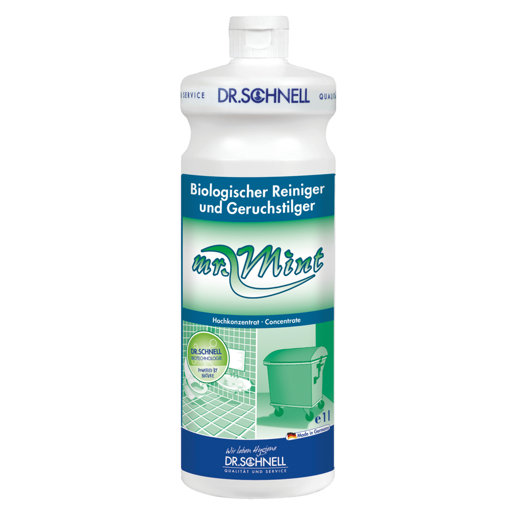 A 1L bottle of DR.SCHNELL MR.MINT Probiotic Cleaner and Odor Eliminator for rooms by DR.SCHNELL GmbH & Co. KGaA, with a green-white label featuring a green mop bucket on a tiled floor.