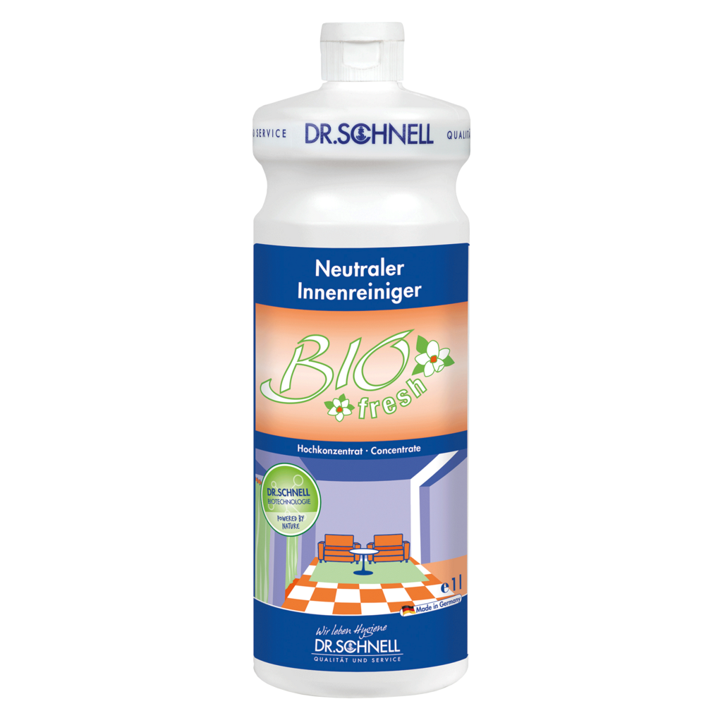 Eine weiße 1L Flasche DR.SCHNELL BIOFRESH Probiotischer Geruchstilger für Gebäudereinigung und Raumfrische von DR.SCHNELL GmbH & Co. KGaA, mit blau-orangem Etikett und Innenraumgrafik - ideal für dauerhafte Frische.