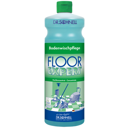 Eine grün-blaue Flasche der DR.SCHNELL GmbH & Co. KGaA Dr. Schnell FLOOR EXPERT Bodenreiniger Konzentrat zeigt auf dem Etikett einen deutschen Text und Abbildungen von Menschen, die Böden reinigen.