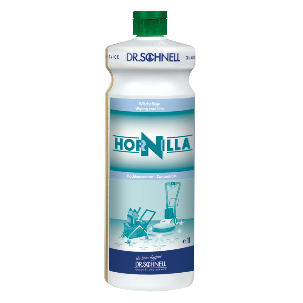 Eine weiße 1-Liter-Flasche Dr. Schnell HORNILLA von DR.SCHNELL GmbH & Co. KGaA, mit grüner Kappe, blauem und blaugrünem Etikett mit Abbildungen von Reinigungsgeräten, entwickelt für eine kraftvolle professionelle Reinigung.