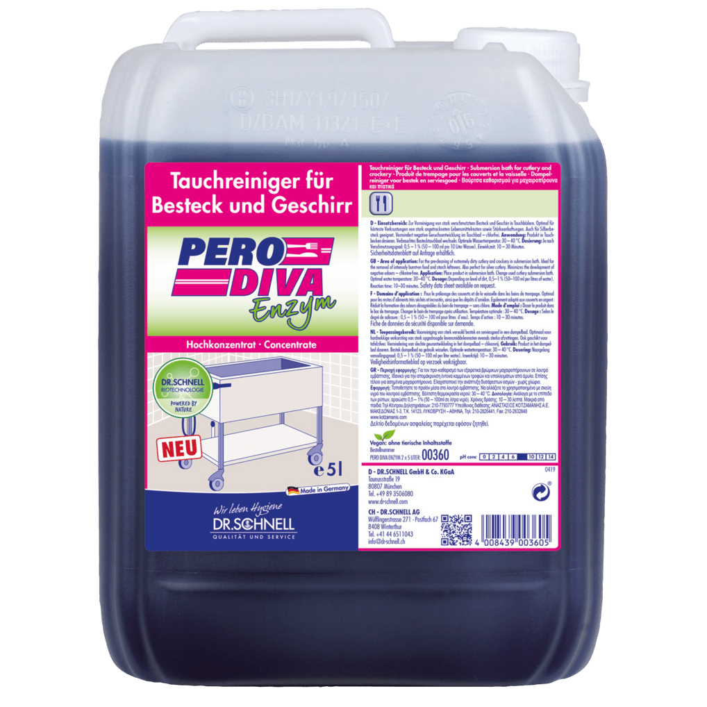 A 5-liter canister Dr. Schnell PERO DIVA ENZYM immersion cleaner from DR.SCHNELL GmbH & Co. KGaA, designed for kitchen and food hygiene - ideal for spotless cutlery and dishes, with German information and a table diagram on the label.