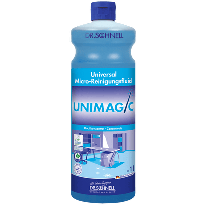 Eine blaue 1-Liter-Flasche Dr. Schnell UNIMAGIC Universalreiniger der DR.SCHNELL GmbH & Co. KGaA mit blauem Verschluss und einem Etikett mit Produktangaben und Reinigungssymbolen.