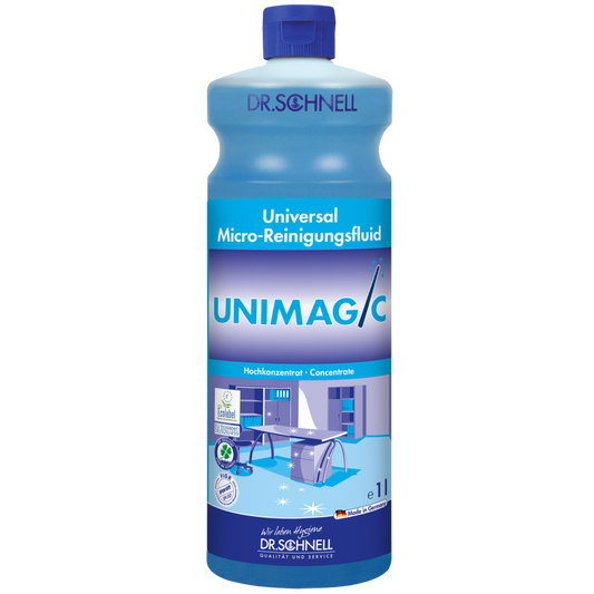 Eine blaue 1-Liter-Flasche Dr. Schnell UNIMAGIC Universalreiniger der DR.SCHNELL GmbH & Co. KGaA mit blauem Verschluss und einem Etikett mit Produktangaben und Reinigungssymbolen.