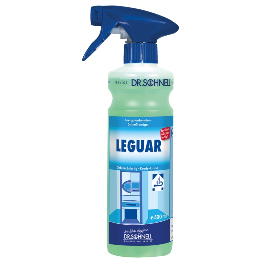 Der Dr. Schnell LEGUAR Sprühkopf Oberflächenreiniger (500 ml) von DR.SCHNELL GmbH & Co. KGaA verfügt über einen blauen Abzug und ein Etikett mit Anweisungen, ideal für Waschmaschinen, Geschirrspüler und Gebäudereinigung Aufgaben.