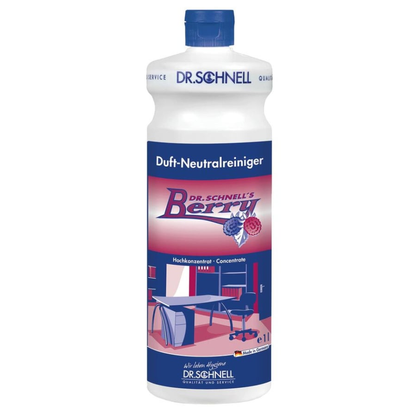 Die weiße Flasche von Dr. Schnell DR.SCHNELL'S BERRY der DR.SCHNELL GmbH & Co. KGaA mit blauem Verschluss und Etikett, Beerengrafik und Beerenduft unterstreicht seine Eignung für die Reinigung von Büro- und Innenräumen.