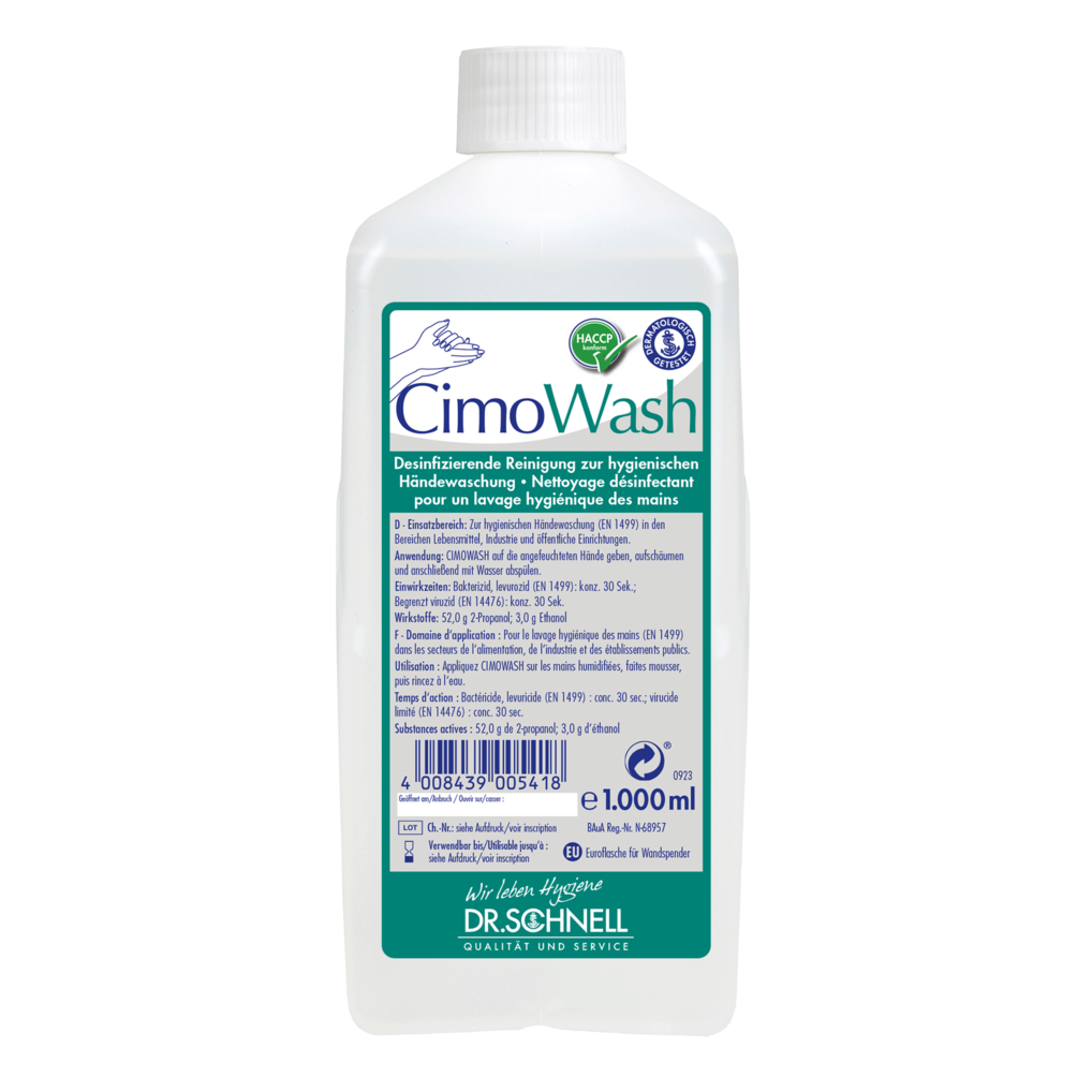 Die 1.000 ml Flasche Dr. Schnell CIMOWASH Antimikrobielle Waschlotion von DR.SCHNELL GmbH & Co. KGaA mit weißer Kappe und detailliertem, mehrsprachigem Etikett für sanfte Reinigung und Hautschutz.