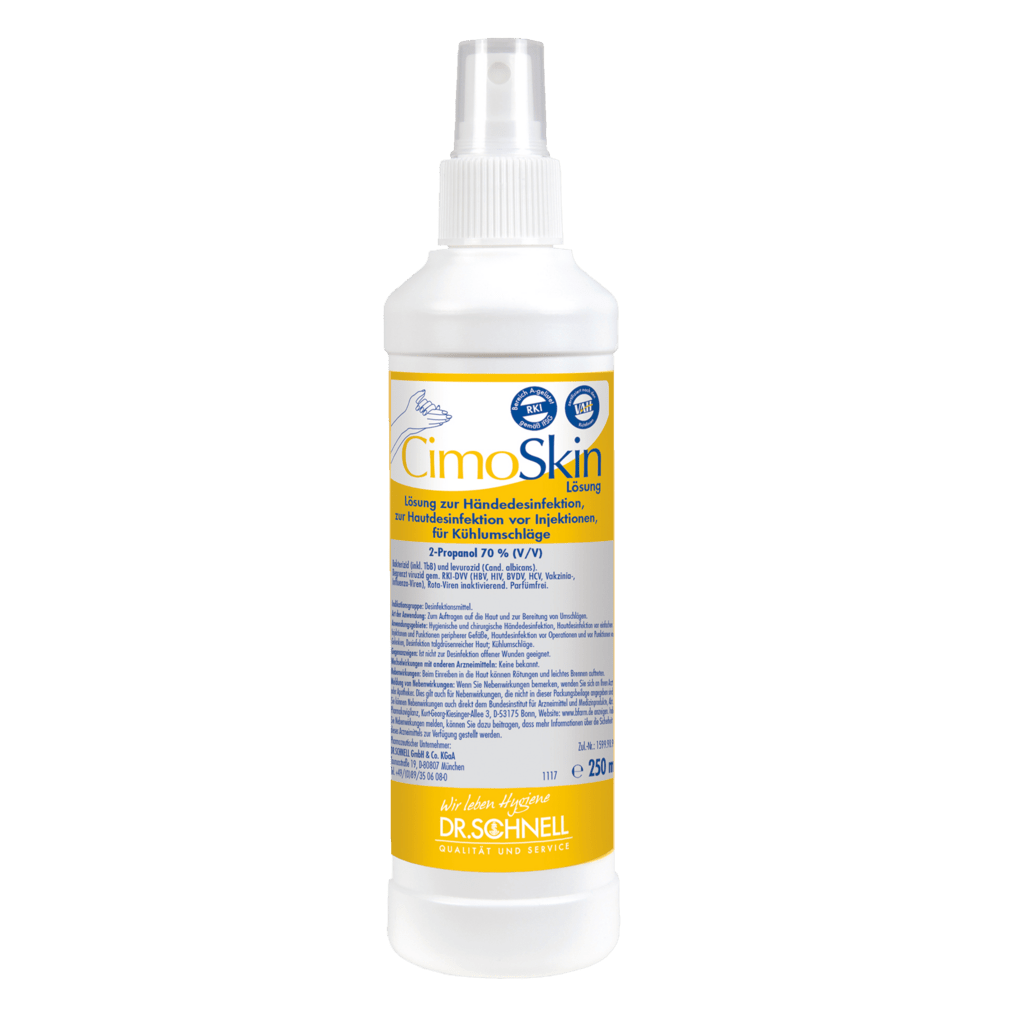 The white 250 ml spray bottle labeled "Dr. Schnell CIMOSKIN hand sanitizer" from DR.SCHNELL GmbH & Co. KGaA with blue and yellow accents, German text, Dr. Schnell logo, and a user-friendly nozzle for gentle hygienic hand disinfection.