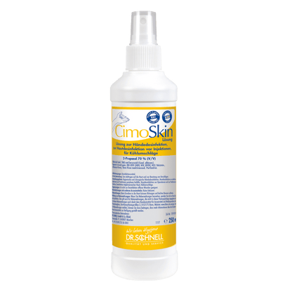 The white 250 ml spray bottle labeled "Dr. Schnell CIMOSKIN hand sanitizer" from DR.SCHNELL GmbH & Co. KGaA with blue and yellow accents, German text, Dr. Schnell logo, and a user-friendly nozzle for gentle hygienic hand disinfection.