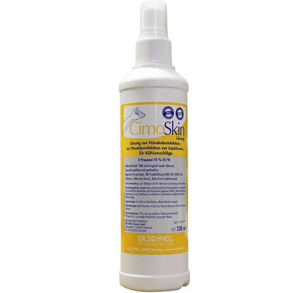 A 250 ml white spray bottle Dr. Schnell CIMOSKIN hand sanitizer from DR.SCHNELL GmbH & Co. KGaA, for hygienic hand disinfection, with yellow and white lettering and a skin-friendly formula.