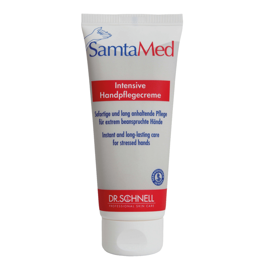 Die weiße Tube der Dr. Schnell SAMTAMED Hautpflege von DR.SCHNELL GmbH & Co. KGaA ist mit blauer und roter Schrift, einem Flip-Top-Verschluss, dem Dr.-Schnell-Logo am unteren Rand und der Hervorhebung der feuchtigkeitsspendenden Wirkung in deutscher und englischer Sprache versehen.