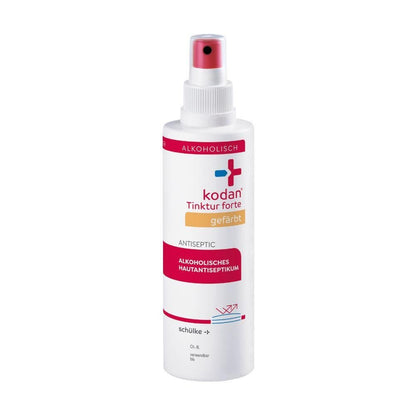 Eine weiß-rosa Sprühflasche Schülke kodan® Tinktur forte Hautantiseptikum gefärbt von der Schülke & Mayr GmbH mit deutschem Text und weißem Verschluss.