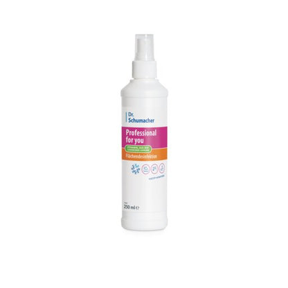 A 250 ml white spray bottle of Dr. Schumacher GmbH Professional for you surface disinfectant with a pink-orange label stands upright on a white background. Suitable for surface disinfection and cleaning.