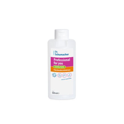 A white 500 ml bottle of Dr. Schumacher GmbH's Professional for you surface disinfectant features a colorful label with blue, purple, yellow, and orange sections and symbols for hygiene and virucidal disinfection and cleaning.