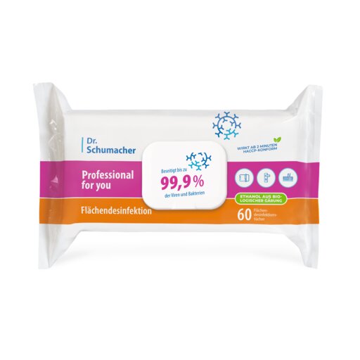 The Dr. Schumacher GmbH Professional for you surface disinfection wipes eliminate up to 99.9% of viruses and bacteria, offering virucidal disinfection and cleaning. Each pack contains 60 wipes with functional symbols.