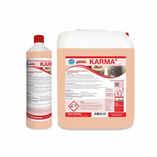 Zwei Gebinde Arcora KARMA PEARL SANITÄRUNTERHALTSREINIGER MIT PERLEFFEKT der Arcora International GmbH, eine hohe Flasche mit rotem Verschluss und ein großer weißer Kanister, beide mit rot-weißen Etiketten mit Produktinformationen und Gefahrensymbolen versehen.