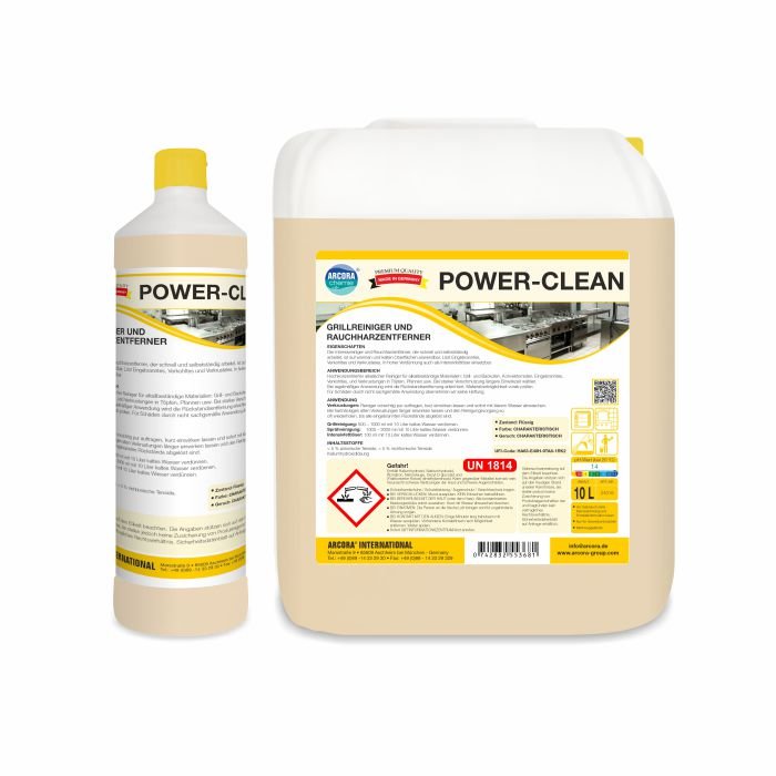Pictured are two Arcora POWER-CLEAN GRILL CLEANER AND SMOKE RESIN REMOVER from Arcora International GmbH: a 1L bottle and a 10L canister with yellow caps, German labels, and safety information - perfect for removing grill residues.