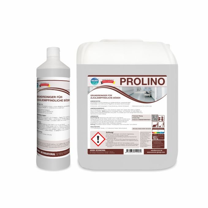 Pictured are two containers of Arcora PROLINO BASIC CLEANER FOR ALKALI-SENSITIVE FLOORS from Arcora International GmbH: a tall white bottle with a narrow neck and a larger canister with a handle, both equipped with product labels and warnings.