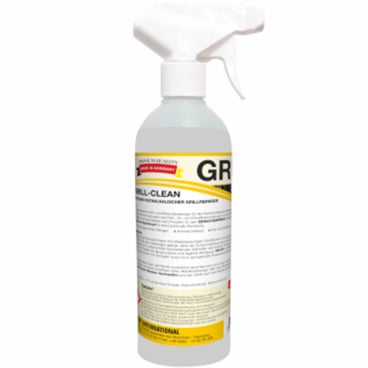 Auf der Vorderseite der Sprühflasche mit der Aufschrift "Arcora grill-clean" stehen Sicherheits- und Anwendungshinweise. Die weiße Düse spendet 500 ml eines gebrauchsfertigen hochalkalischen Grillreinigers von Arcora International GmbH, ideal für die effektive Grillreinigung.