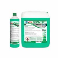 Two containers of Arcora CONVERT MULTIFUNCTIONAL FLOOR CLEANER WITH SELF-SHINE EFFECT by Arcora International GmbH—a tall bottle and a large canister—feature label symbols that highlight the benefits of multifunctional floor cleaning and the self-shine effect.