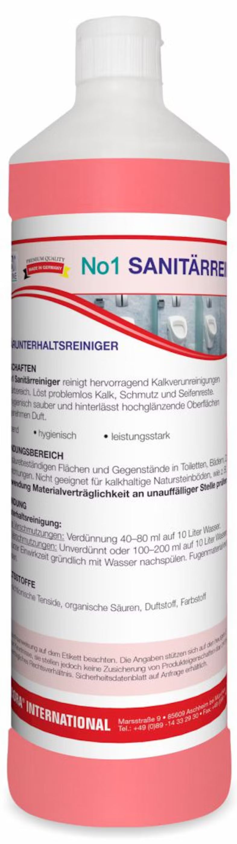 Eine Flasche Arcora No1 Sanitärreiniger Sanitärunterhaltsreiniger der Arcora International GmbH, rosafarben, mit deutschem Etikett mit Inhaltsstoffen, Anwendungshinweisen und Sicherheitshinweisen zur Reinigung von Sanitäranlagen.