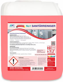 A pink 10-liter container with Arcora No1 sanitary cleaner maintenance cleaner from Arcora International GmbH, with a label containing instructions, safety warnings, hazard symbols, and images of clean toilet facilities.