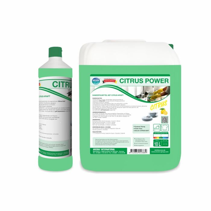 Visible are two Arcora CITRUS POWER HAND DISHWASHING LIQUIDS from Arcora International GmbH: on the left, a 1-liter bottle with green accents and on the right, a 10-liter rectangular canister, both labeled for powerful washing.