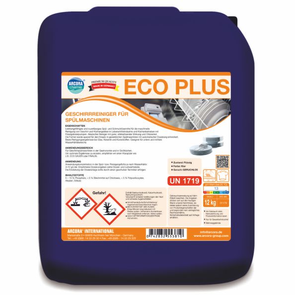 A 12-kg package of Arcora Eco Plus dishwasher detergent from Arcora International GmbH, labeled in German with hazard symbols and instructions for use in dishwashers.