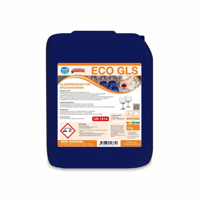A blue 12-kg package of Arcora Eco-Gls glass cleaner for dishwashers from Arcora International GmbH features hazard symbols, German instructions, and a label with clean glasses and blueberries indicating the environmentally friendly formula.